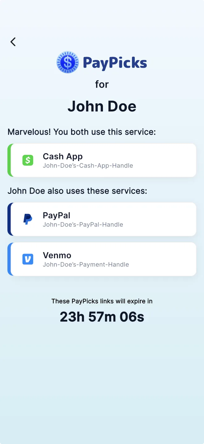 A PayPicks page viewed in the app, highlighting that both people use Cash App and listing PayPal and Venmo as other options