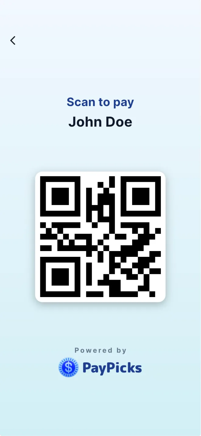 The PayPicks QR screen reading Scan to pay with a large QR code