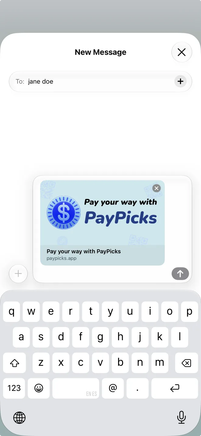 A text message being composed with a PayPicks link preview card that reads Pay your way with PayPicks