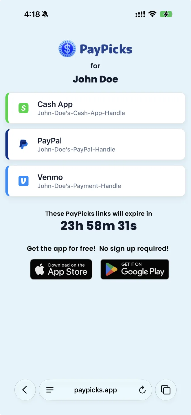 A PayPicks link opened in a mobile browser, listing Cash App, PayPal, and Venmo options with an expiration countdown
